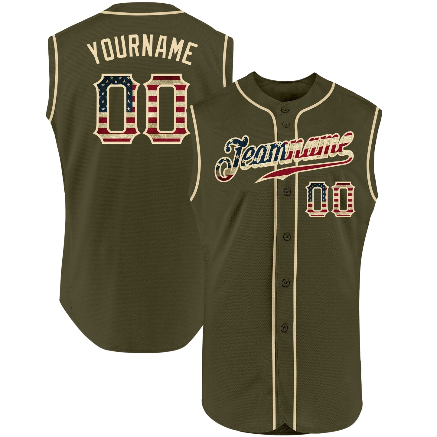 Custom Olive Vintage USA Flag-Cream Authentic Sleeveless Salute To Service Baseball Jersey - Main View