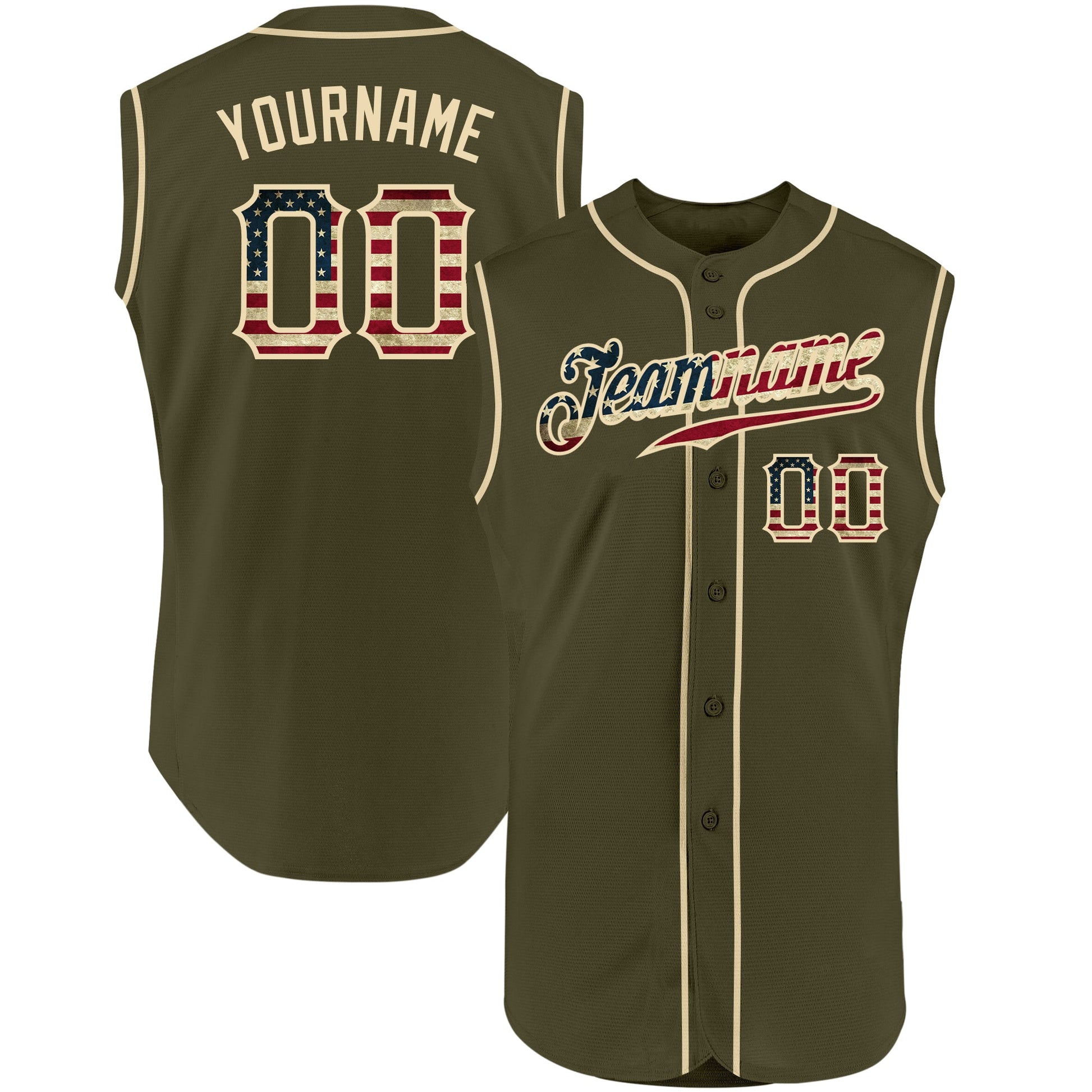 Custom Olive Vintage USA Flag-Cream Authentic Sleeveless Salute To Service Baseball Jersey - Main View