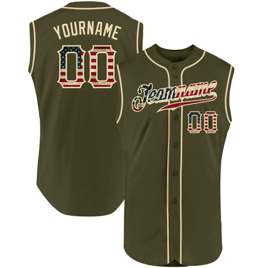 Custom Olive Vintage USA Flag-Cream Authentic Sleeveless Salute To Service Baseball Jersey - Main View