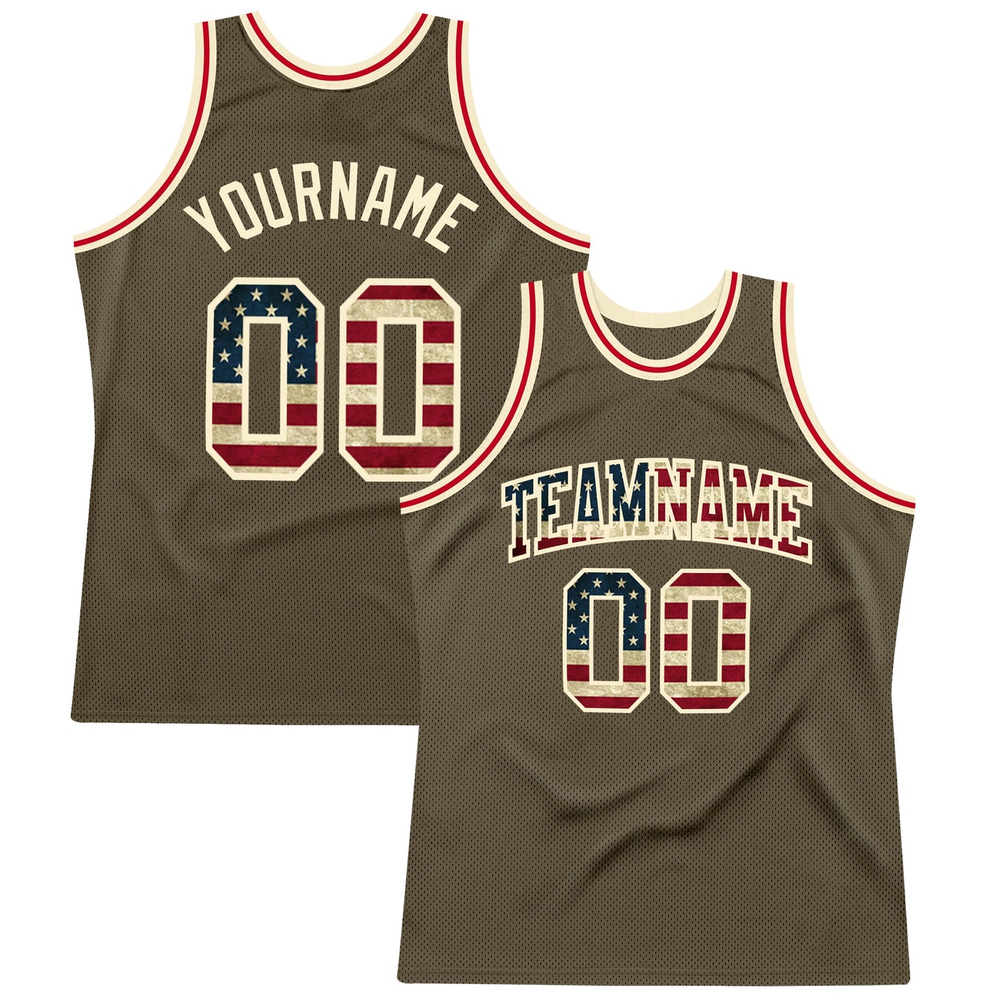 Custom Olive Vintage USA Flag-Cream Authentic Throwback Salute To Service  Basketball Jersey - Main View