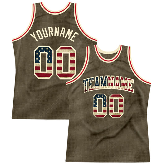 Custom Olive Vintage USA Flag-Cream Authentic Throwback Salute To Service  Basketball Jersey - Main View