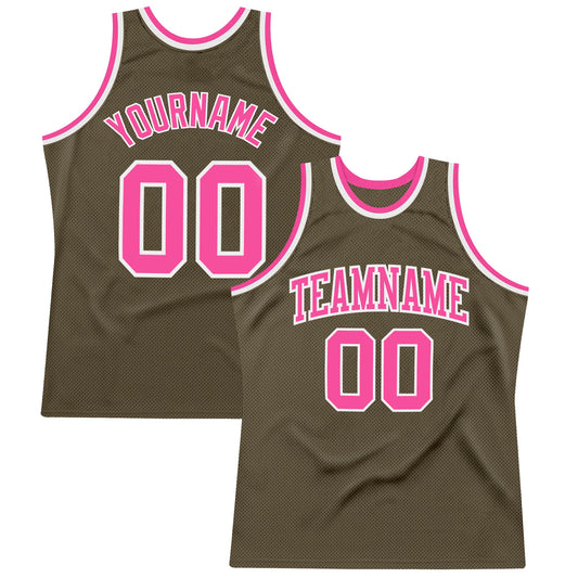 Custom Olive Pink-White Authentic Throwback Salute To Service  Basketball Jersey - Main View