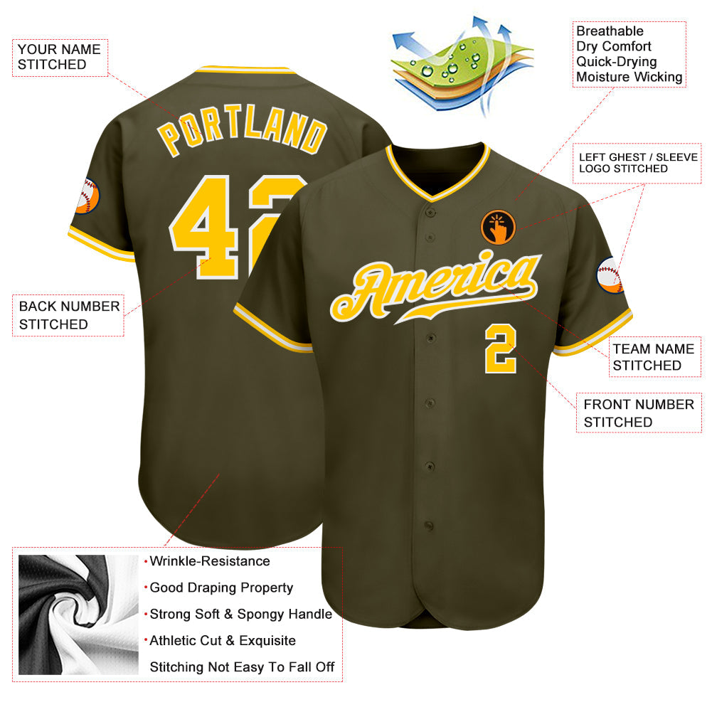 Custom Olive Gold-White Authentic Salute To Service Baseball Jersey view 3