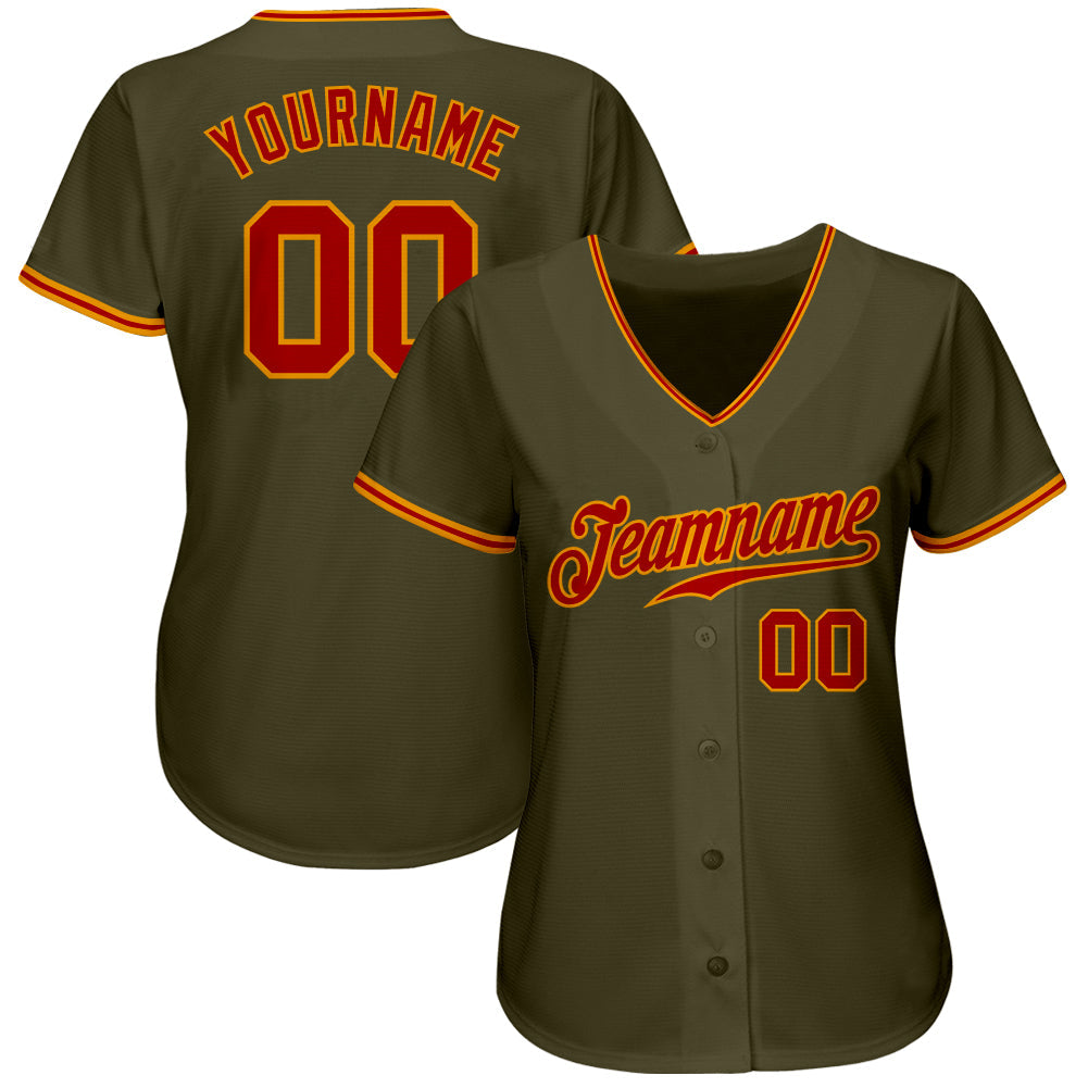 Custom Olive Red-Gold Authentic Salute To Service Baseball Jersey view 2
