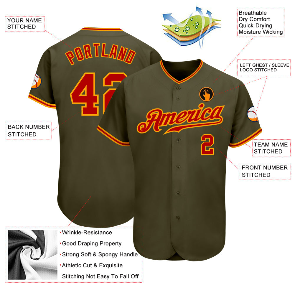 Custom Olive Red-Gold Authentic Salute To Service Baseball Jersey view 3