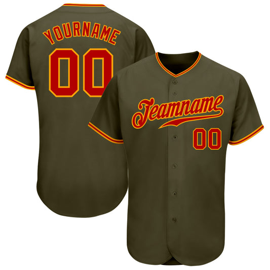 Custom Olive Red-Gold Authentic Salute To Service Baseball Jersey - Main View
