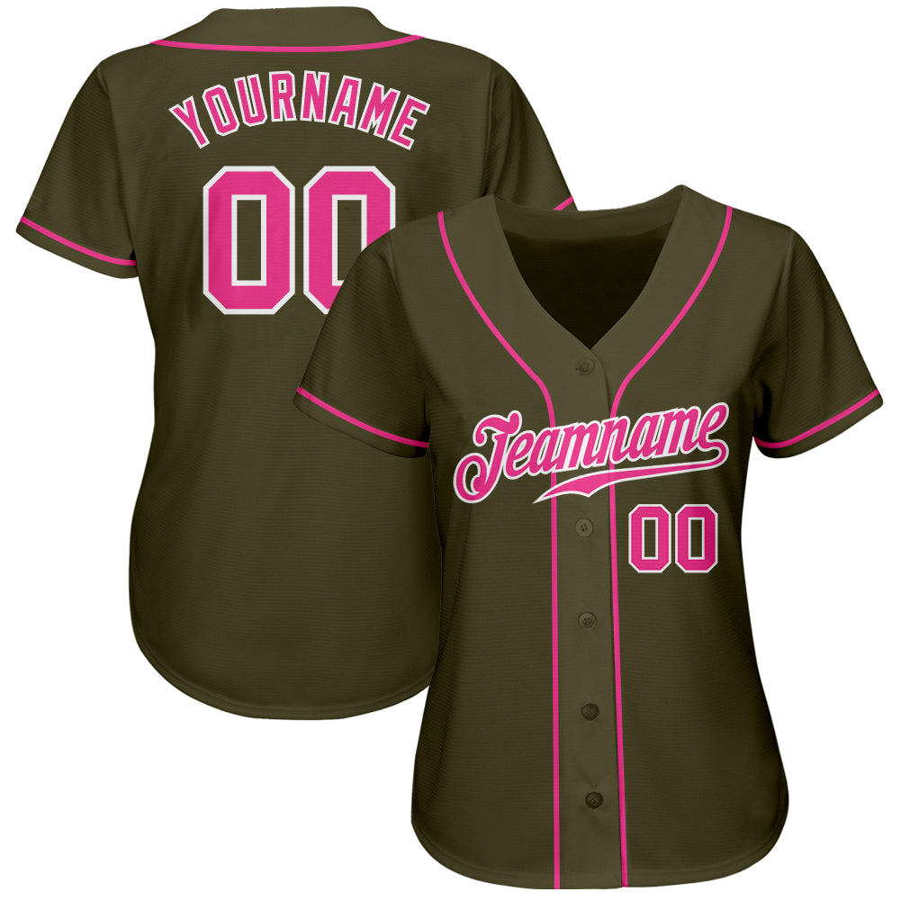 Custom Olive Pink-White Authentic Salute To Service Baseball Jersey view 2