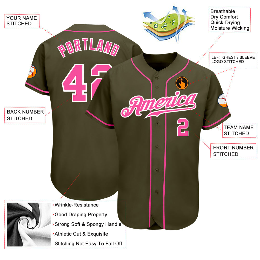 Custom Olive Pink-White Authentic Salute To Service Baseball Jersey view 3