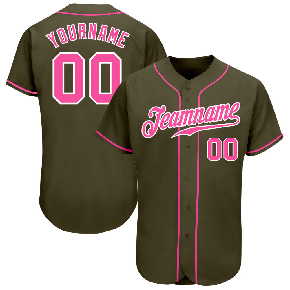 Custom Olive Pink-White Authentic Salute To Service Baseball Jersey - Main View