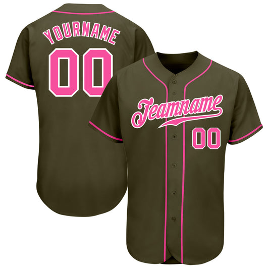 Custom Olive Pink-White Authentic Salute To Service Baseball Jersey - Main View