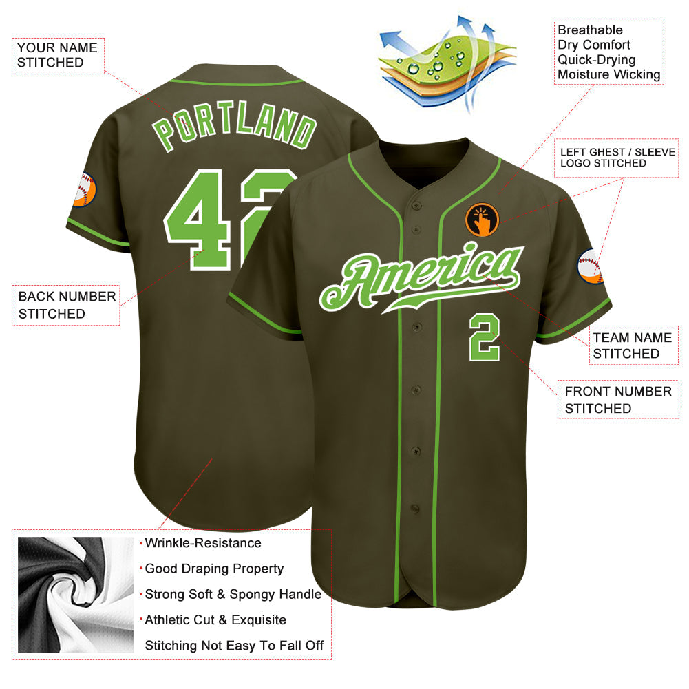 Custom Olive Neon Green-White Authentic Salute To Service Baseball Jersey view 3