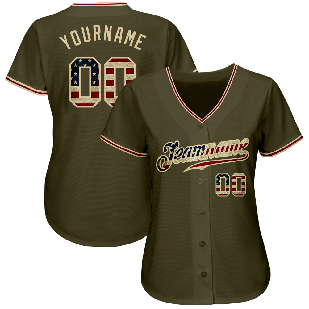 Custom Olive Vintage USA Flag-City Cream Authentic Salute To Service Baseball Jersey view 2