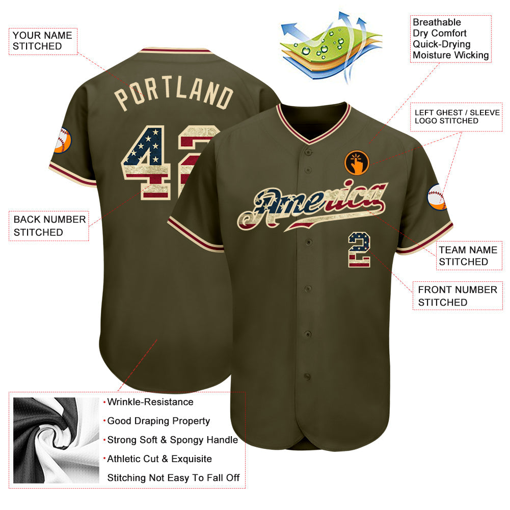 Custom Olive Vintage USA Flag-City Cream Authentic Salute To Service Baseball Jersey view 3