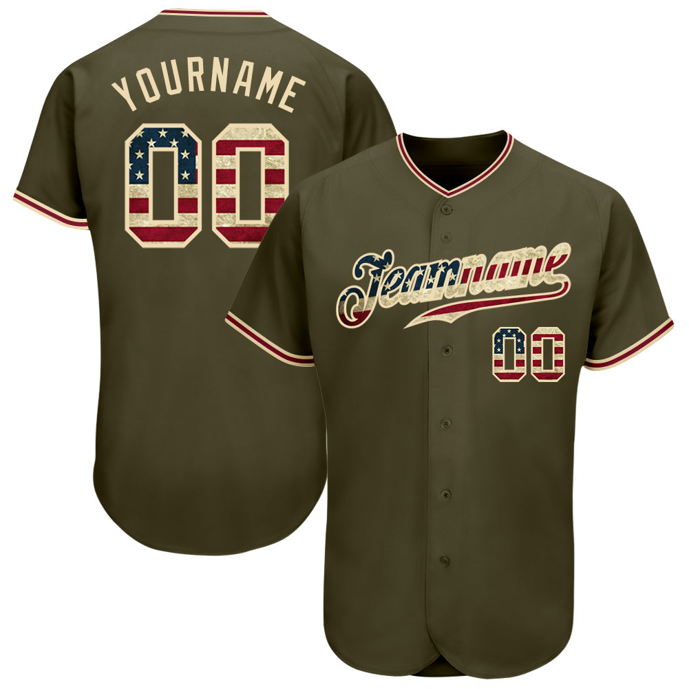 Custom Olive Vintage USA Flag-City Cream Authentic Salute To Service Baseball Jersey - Main View