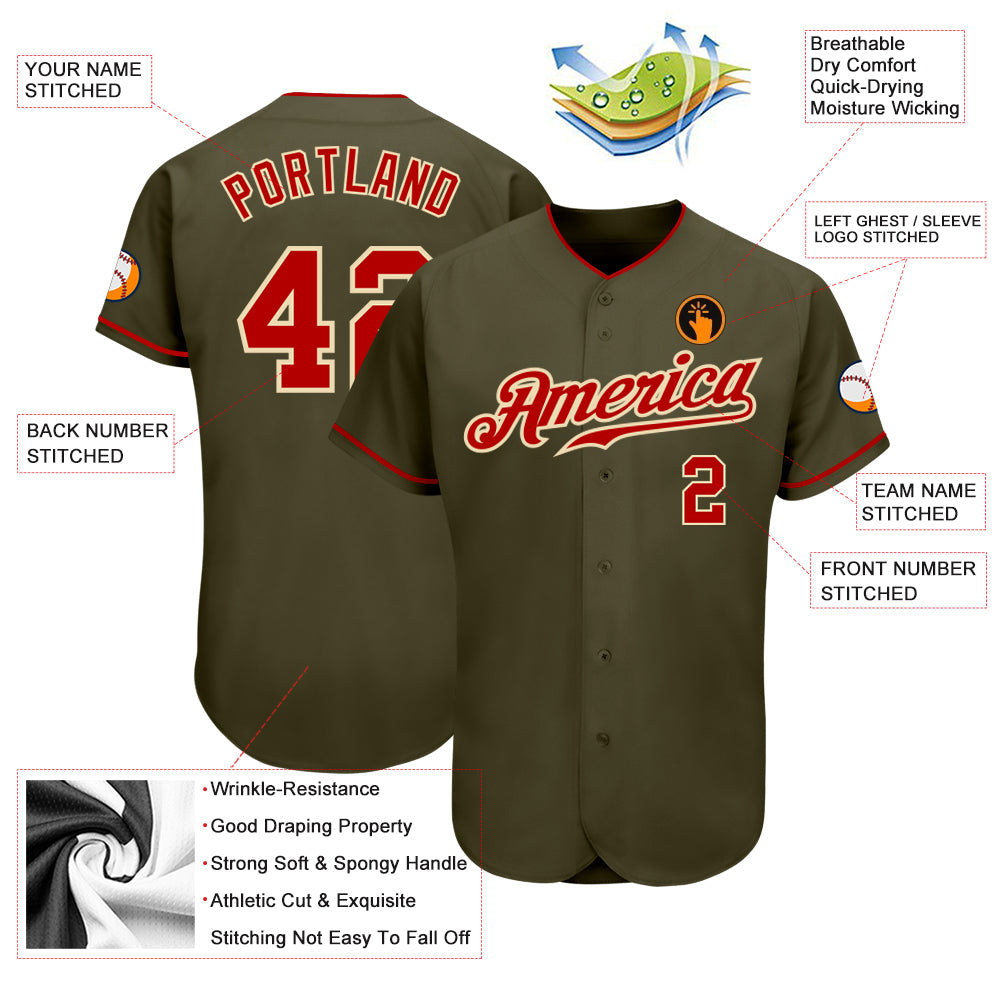 Custom Olive Red-Cream Authentic Salute To Service Baseball Jersey view 3