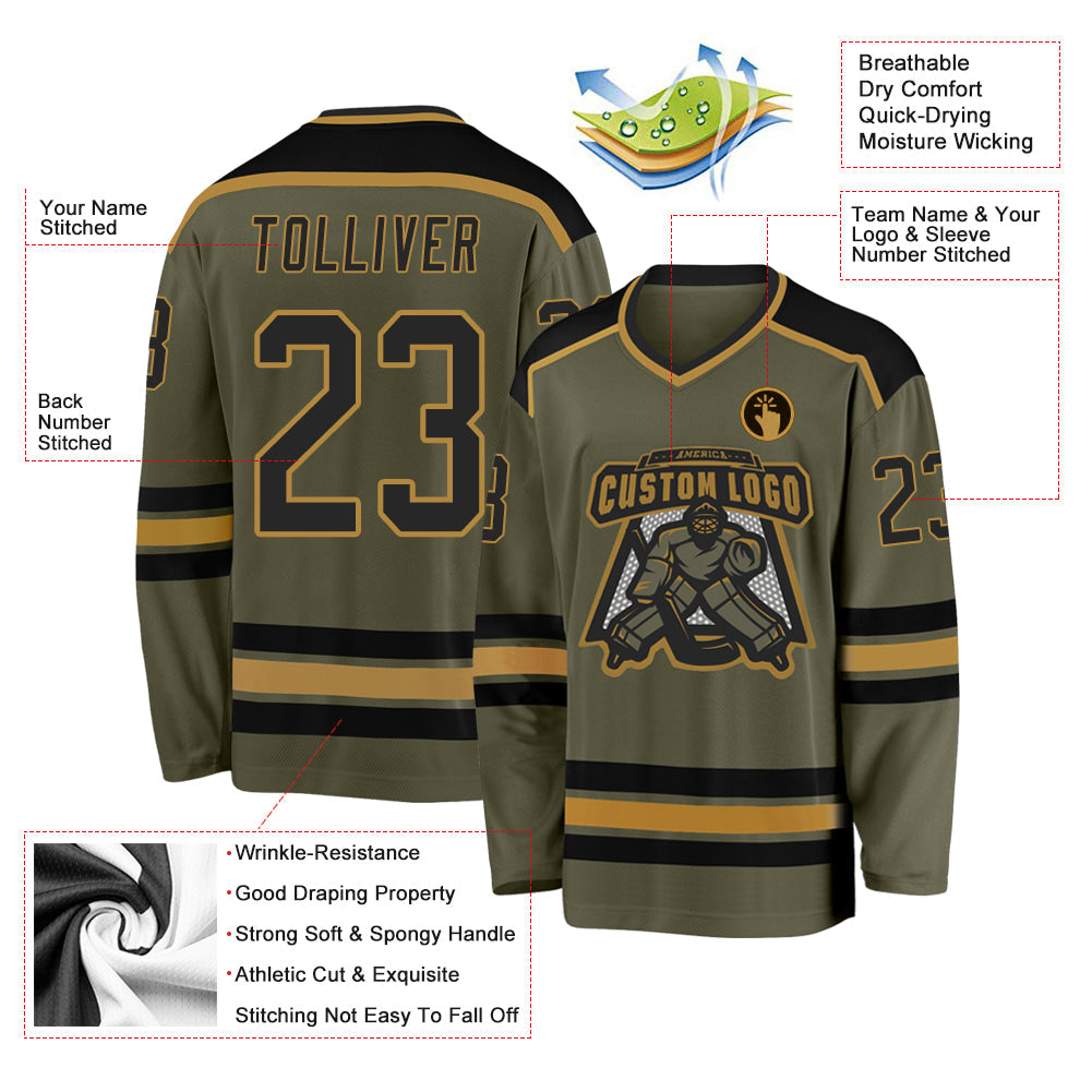 Custom Olive Black-Old Gold Salute To Service Hockey Jersey view 3