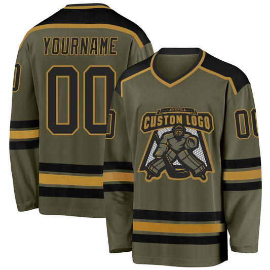 Custom Olive Black-Old Gold Salute To Service Hockey Jersey - Main View