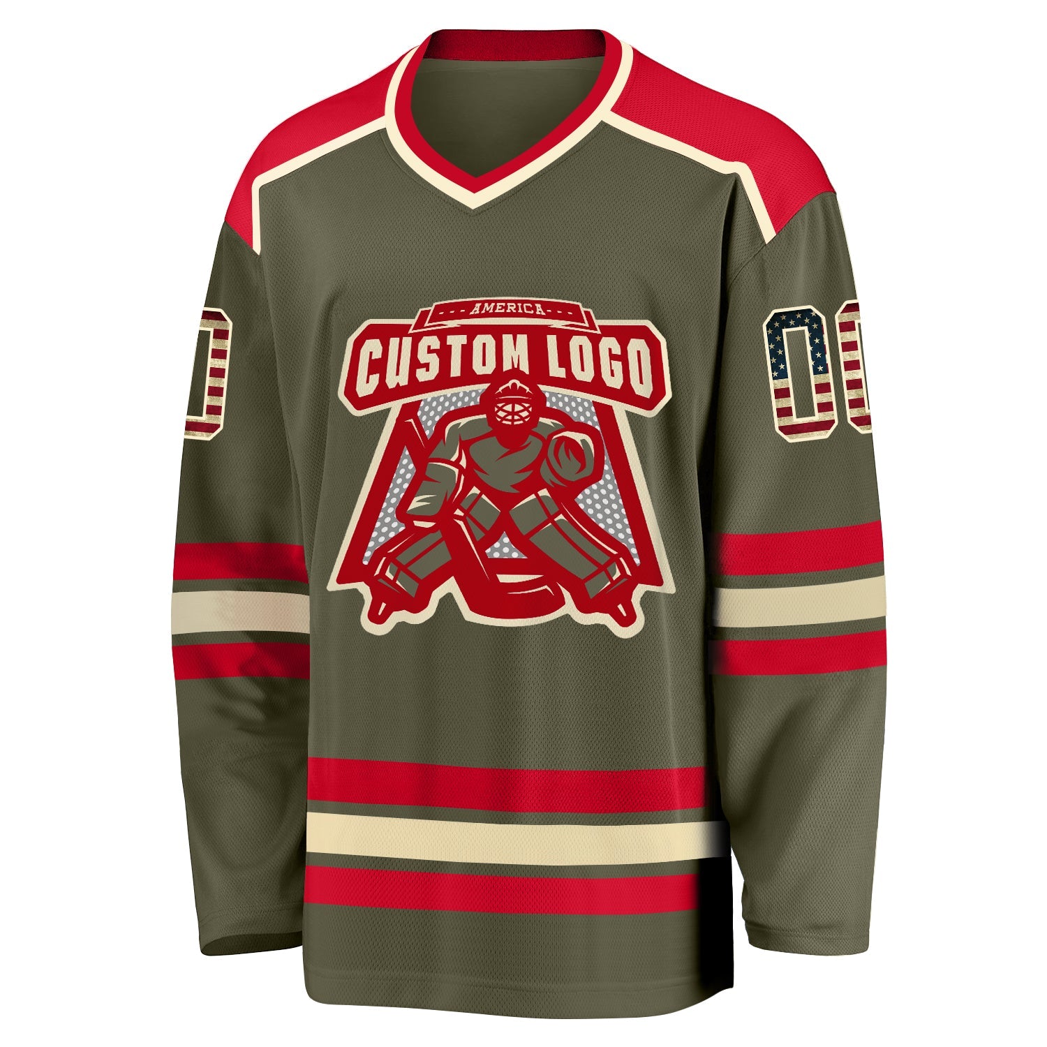 Custom Olive Vintage USA Flag Cream-Red Salute To Service Hockey Jersey view 2