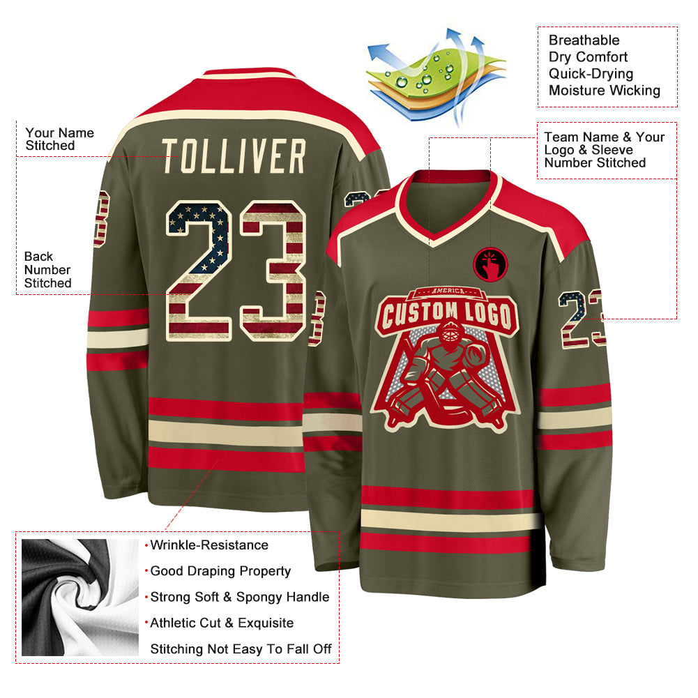 Custom Olive Vintage USA Flag Cream-Red Salute To Service Hockey Jersey view 3