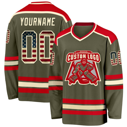 Custom Olive Vintage USA Flag Cream-Red Salute To Service Hockey Jersey - Main View