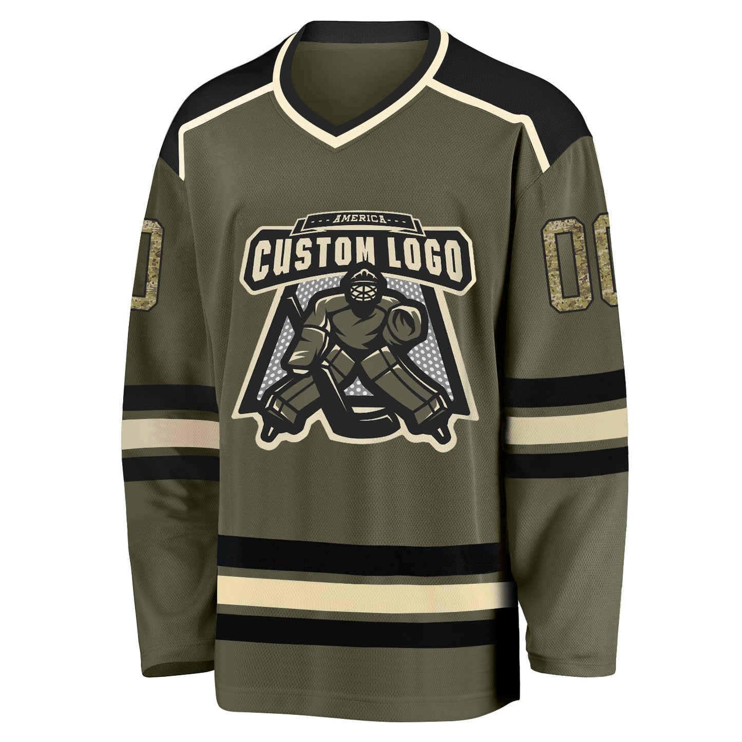Custom Olive Camo Black-Cream Salute To Service Hockey Jersey view 2