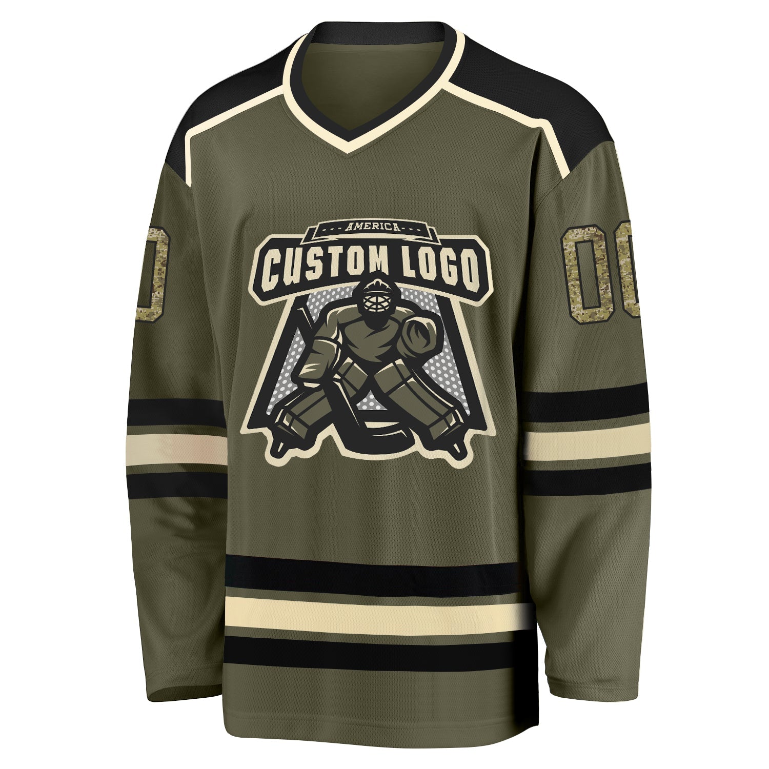 Custom Olive Camo Black-Cream Salute To Service Hockey Jersey view 2