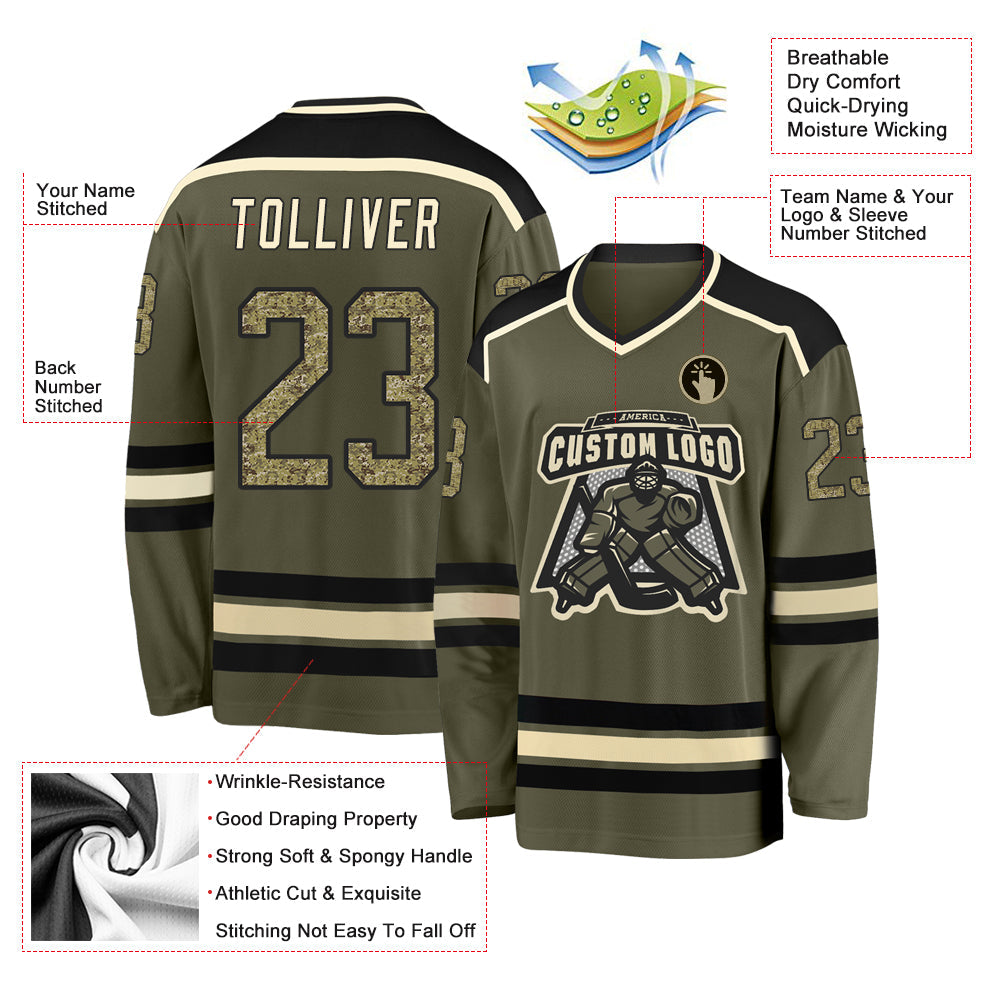 Custom Olive Camo Black-Cream Salute To Service Hockey Jersey view 3
