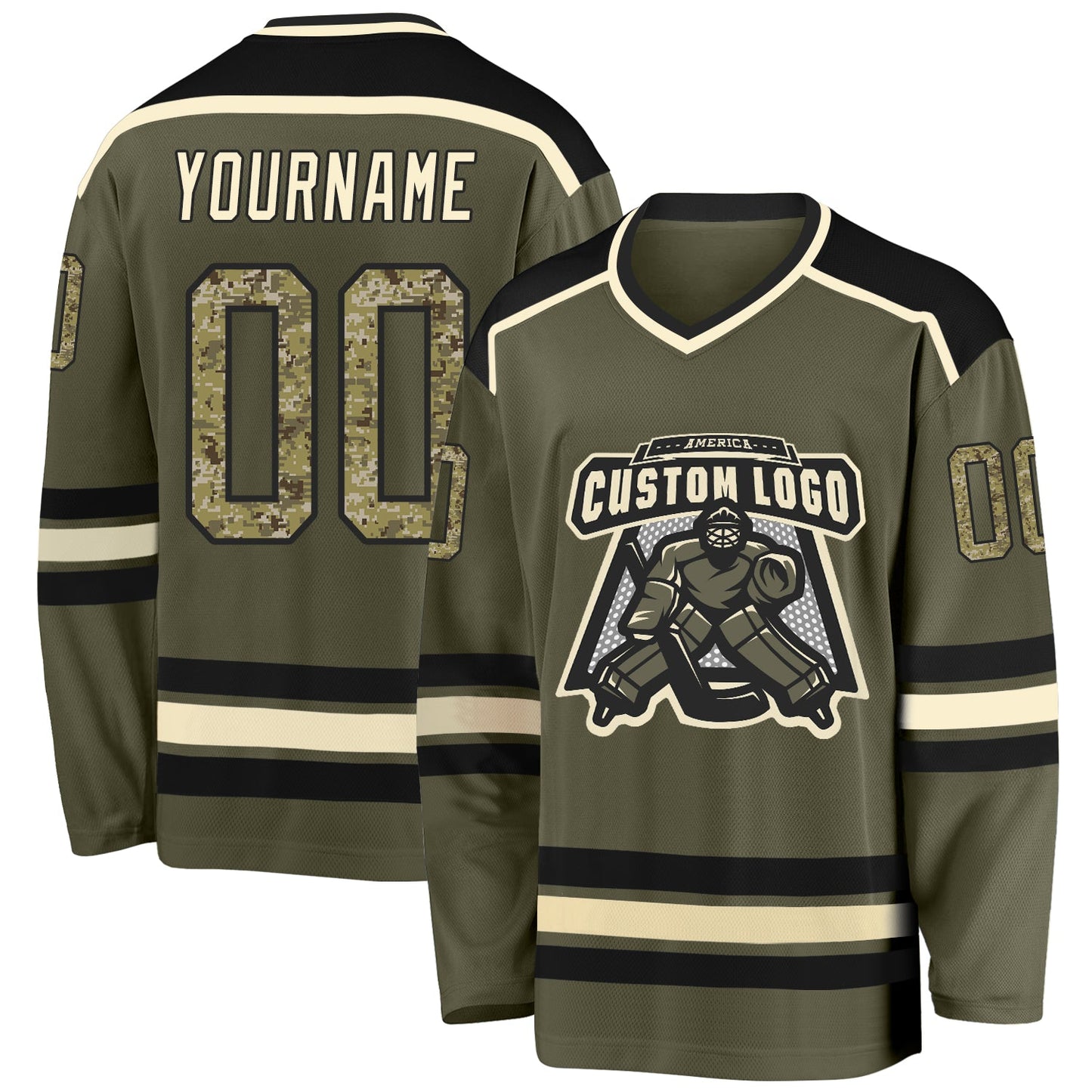 Custom Olive Camo Black-Cream Salute To Service Hockey Jersey - Main View