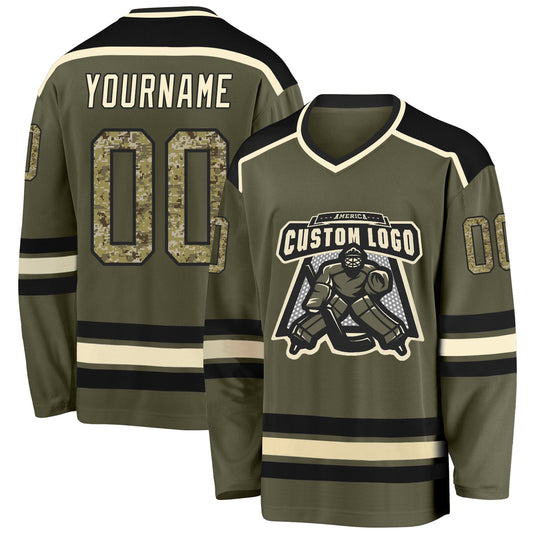 Custom Olive Camo Black-Cream Salute To Service Hockey Jersey - Main View