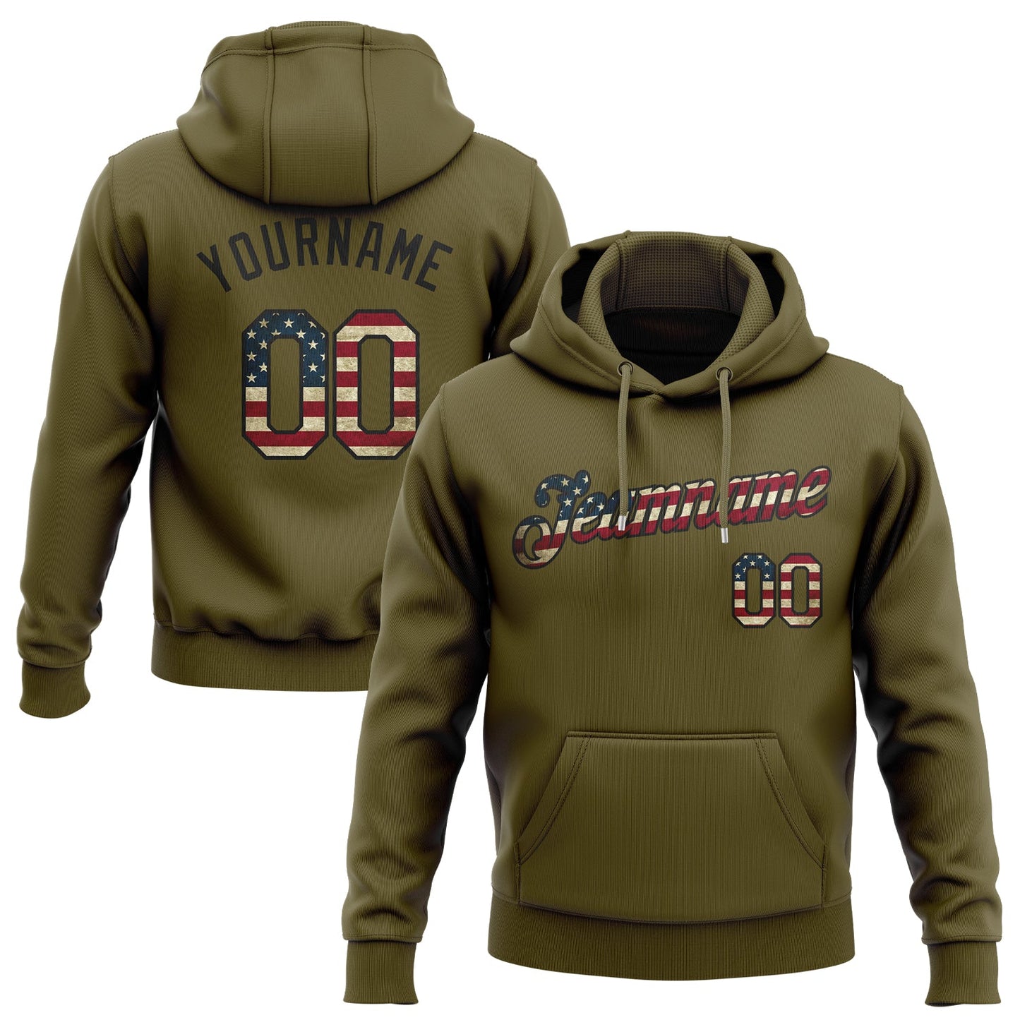 Custom Stitched Olive Vintage USA Flag-Black Sports Pullover Sweatshirt Salute To Service Hoodie - Main View