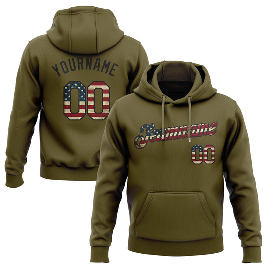 Custom Stitched Olive Vintage USA Flag-Black Sports Pullover Sweatshirt Salute To Service Hoodie - Main View
