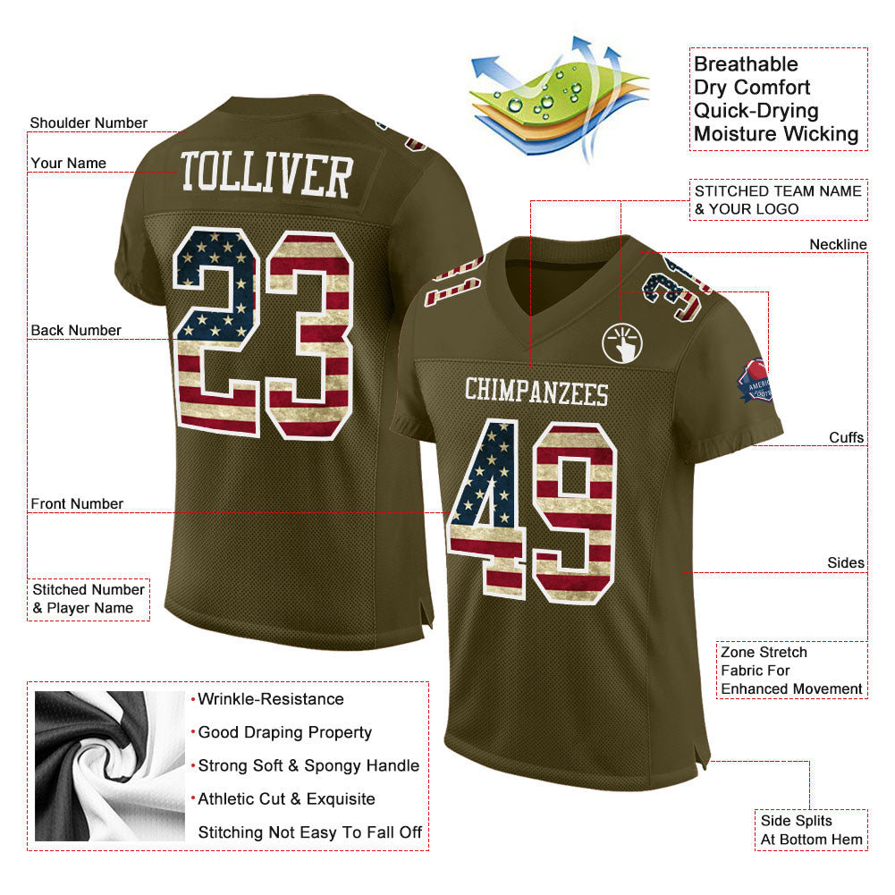 Custom Olive Vintage USA Flag-White Mesh Authentic Salute To Service Football Jersey view 2