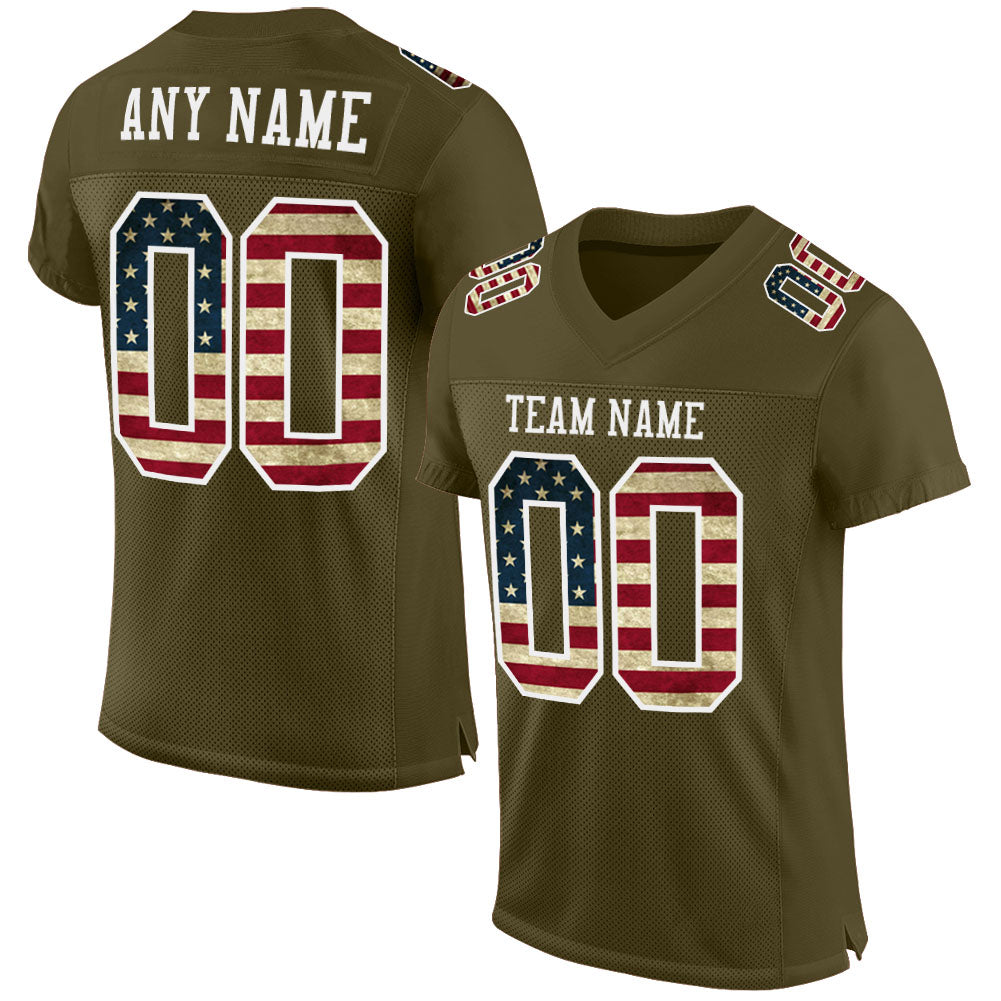 Custom Olive Vintage USA Flag-White Mesh Authentic Salute To Service Football Jersey - Main View
