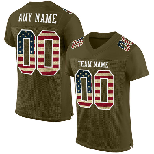 Custom Olive Vintage USA Flag-White Mesh Authentic Salute To Service Football Jersey - Main View