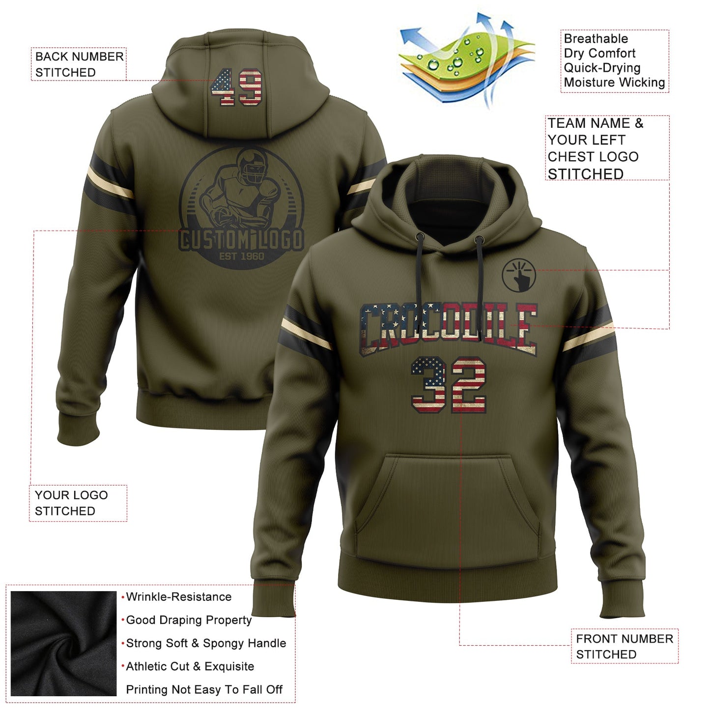 Custom Stitched Olive Vintage USA Flag Black-Cream Football Pullover Sweatshirt Salute To Service Hoodie view 2