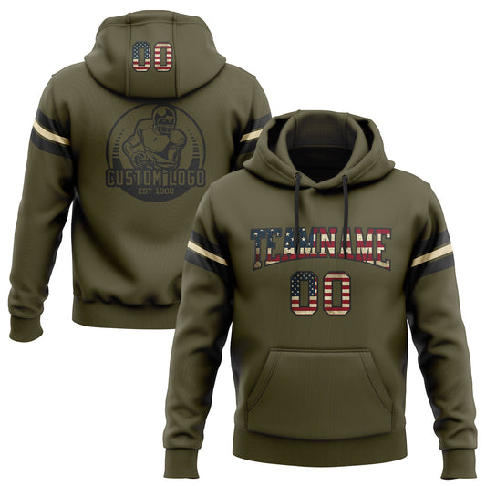 Custom Stitched Olive Vintage USA Flag Black-Cream Football Pullover Sweatshirt Salute To Service Hoodie - Main View