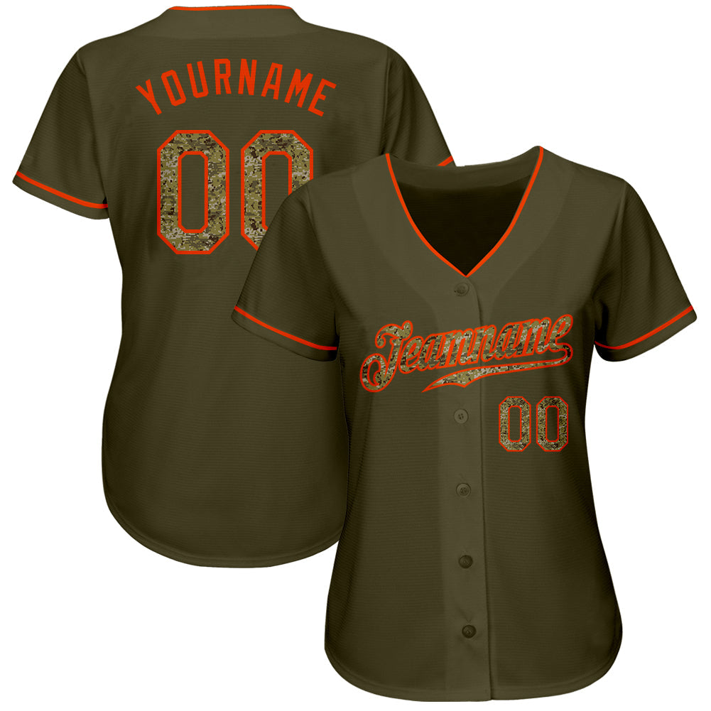Custom Olive Camo-Orange Authentic Salute To Service Baseball Jersey view 3