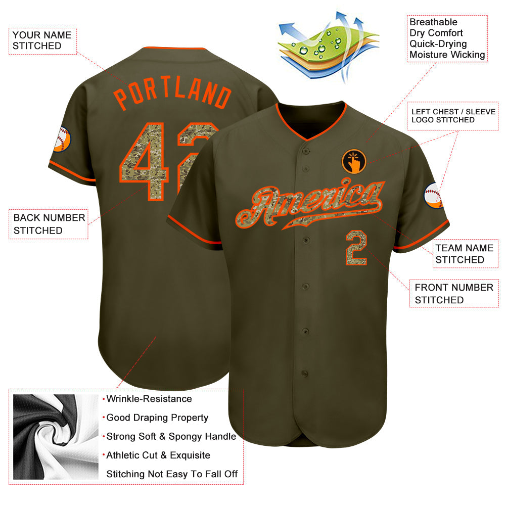 Custom Olive Camo-Orange Authentic Salute To Service Baseball Jersey view 4