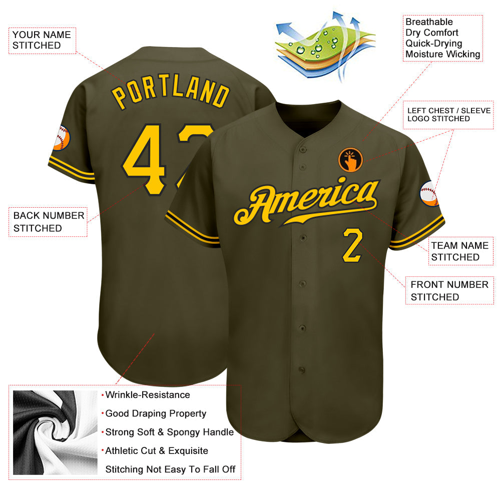 Custom Olive Gold-Black Authentic Salute To Service Baseball Jersey view 3