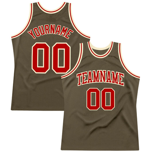 Custom Olive Red-Cream Authentic Throwback Salute To Service Basketball Jersey - Main View