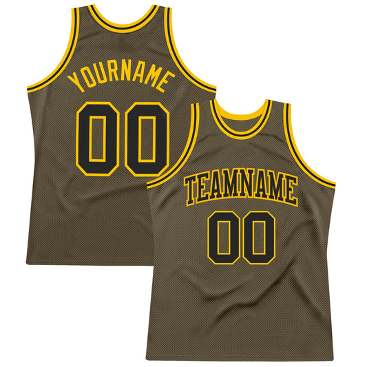 Custom Olive Black-Gold Authentic Throwback Salute To Service Basketball Jersey - Main View