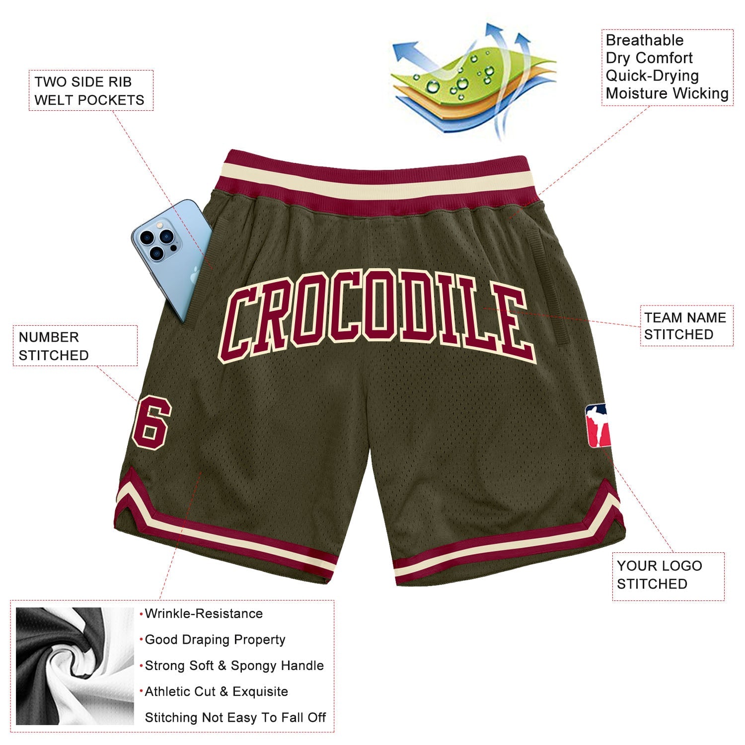 Custom Olive Maroon-Cream Authentic Throwback Salute To Service Basketball Shorts view 2