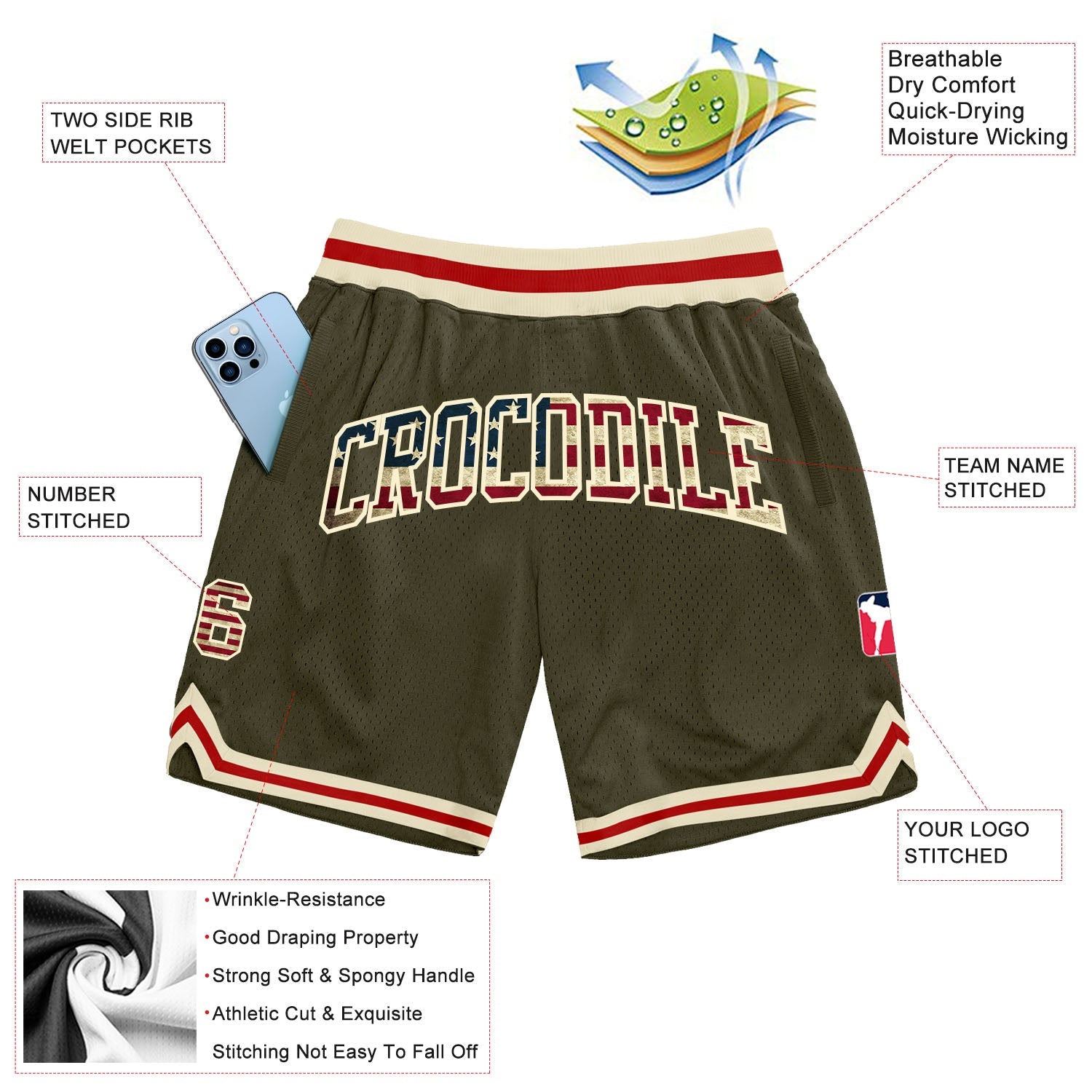 Custom Olive Vintage USA Flag Cream-Red Authentic Throwback Salute To Service Basketball Shorts view 2