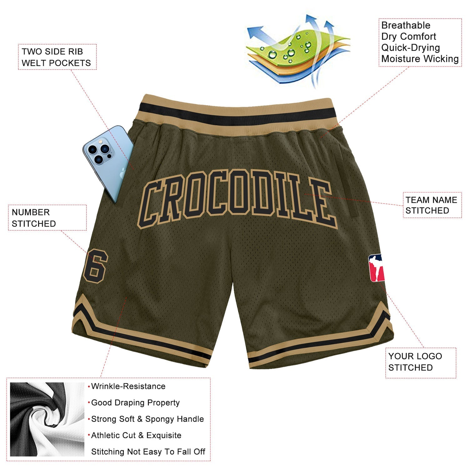 Custom Olive Black-Old Gold Authentic Throwback Salute To Service Basketball Shorts view 2