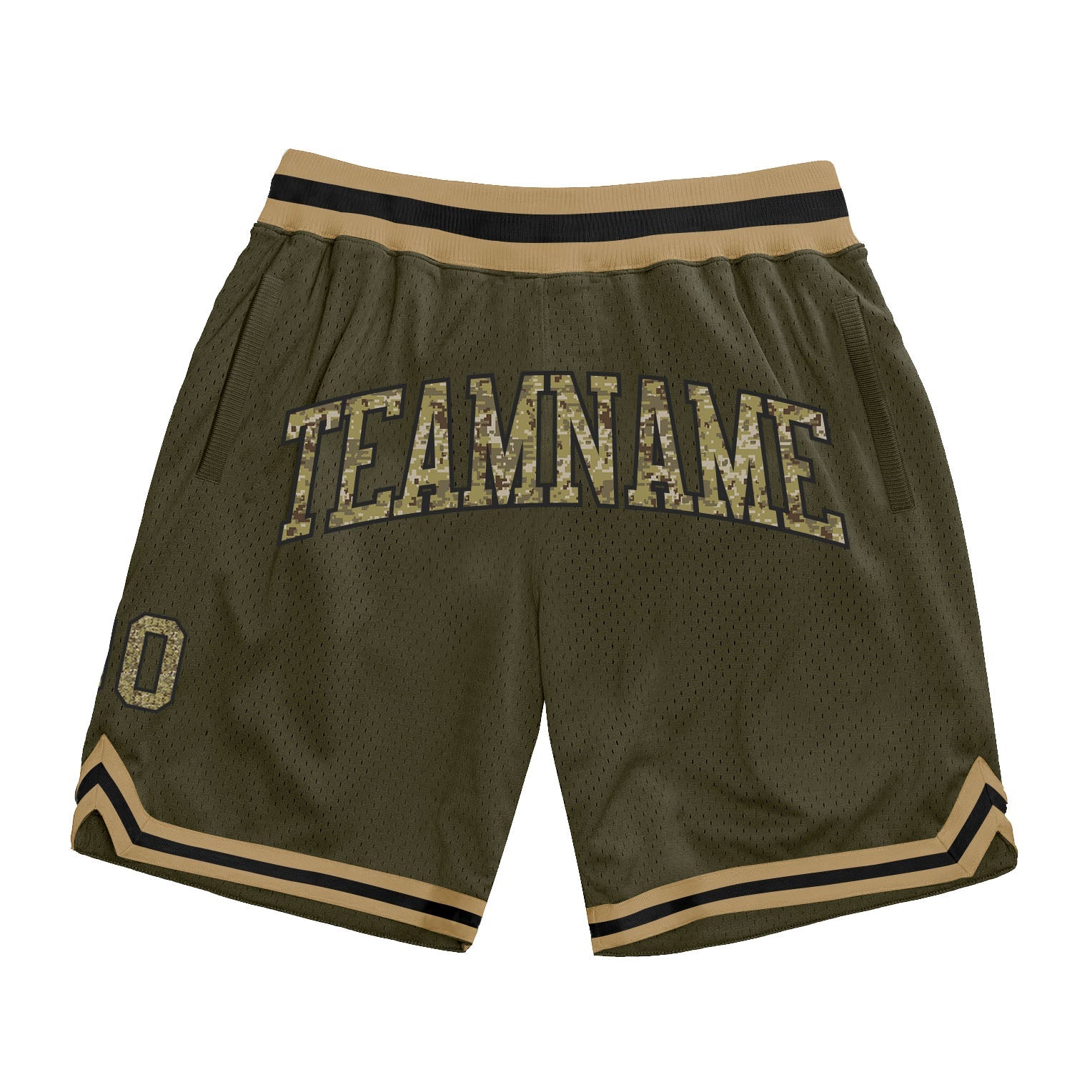 Custom Olive Camo Black-Old Gold Authentic Throwback Salute To Service Basketball Shorts - Main View