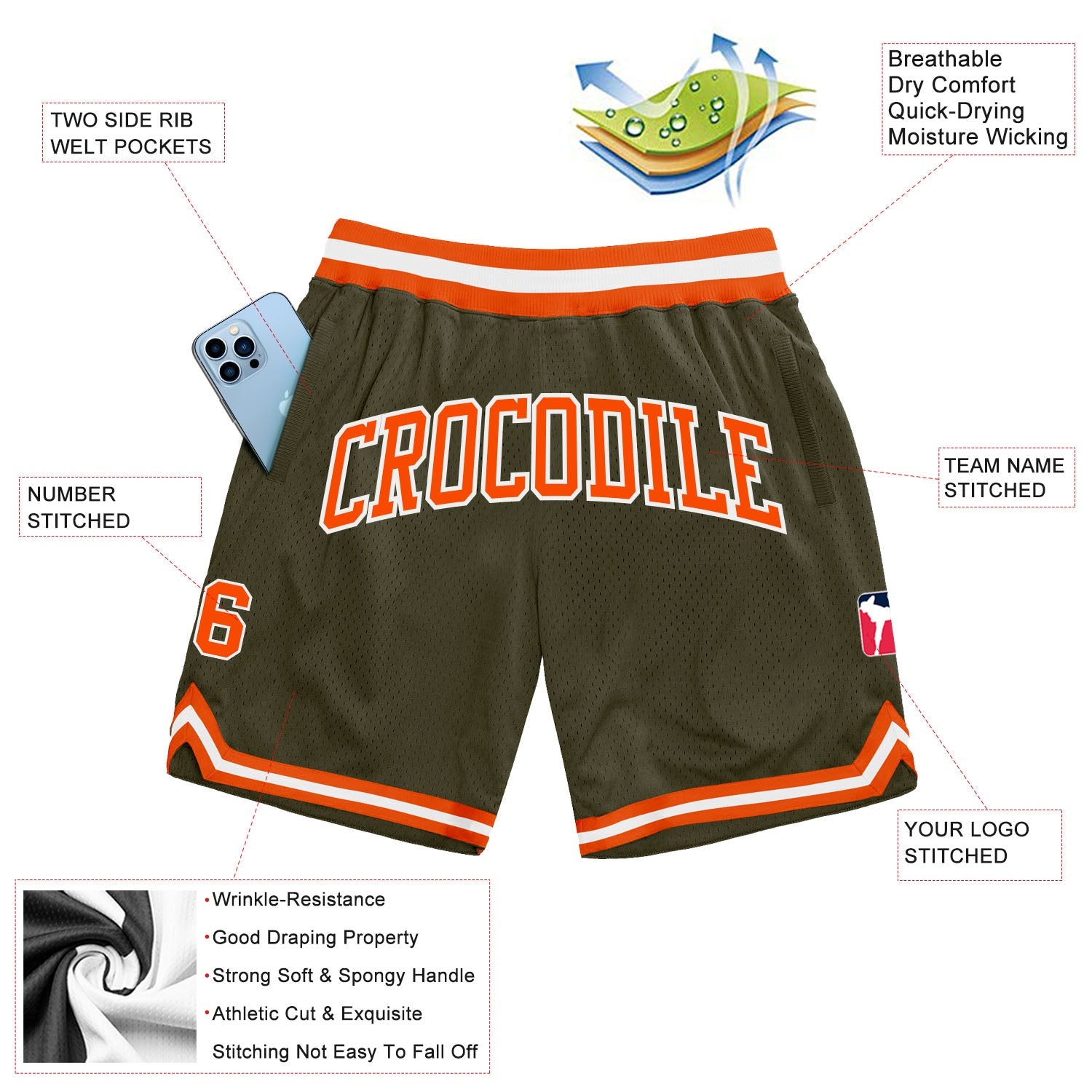 Custom Olive Orange-White Authentic Throwback Salute To Service Basketball Shorts view 2