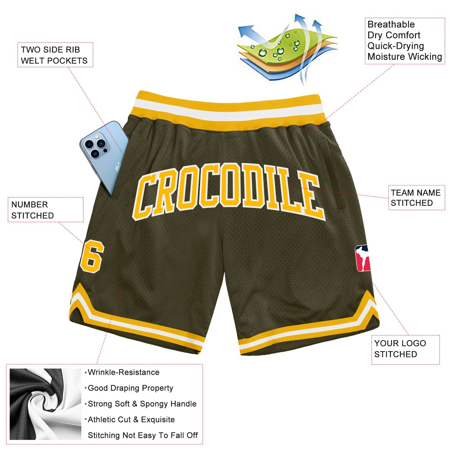 Custom Olive Gold-White Authentic Throwback Salute To Service Basketball Shorts view 2