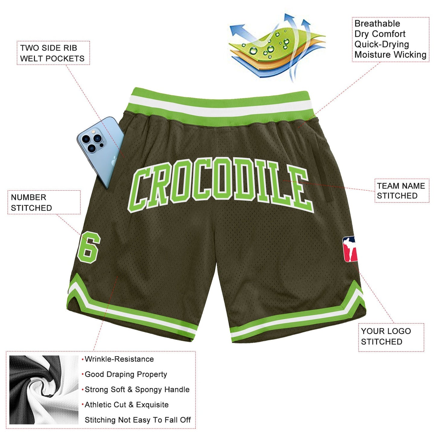 Custom Olive Neon Green-White Authentic Throwback Salute To Service Basketball Shorts view 2