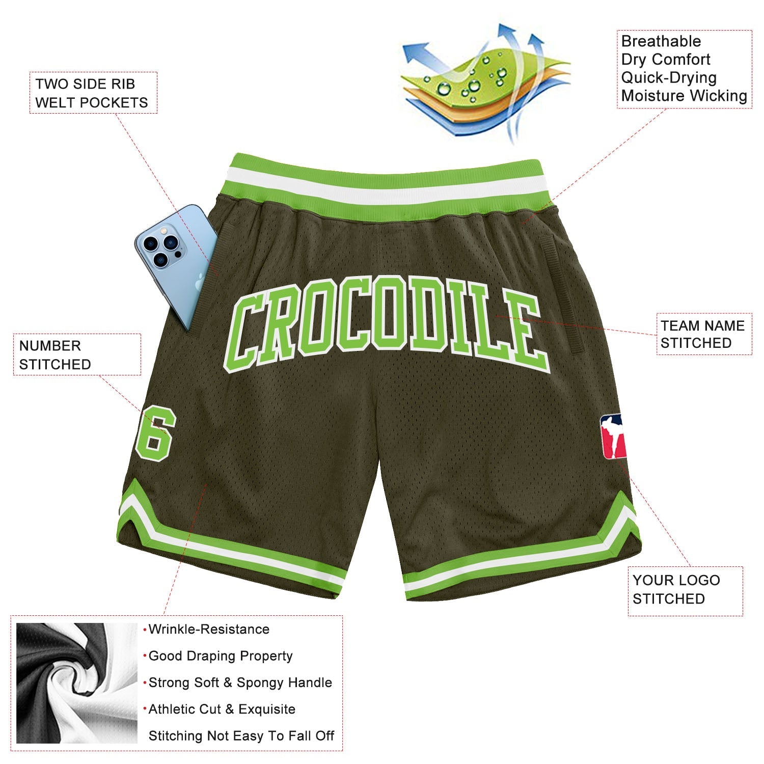 Custom Olive Neon Green-White Authentic Throwback Salute To Service Basketball Shorts view 2