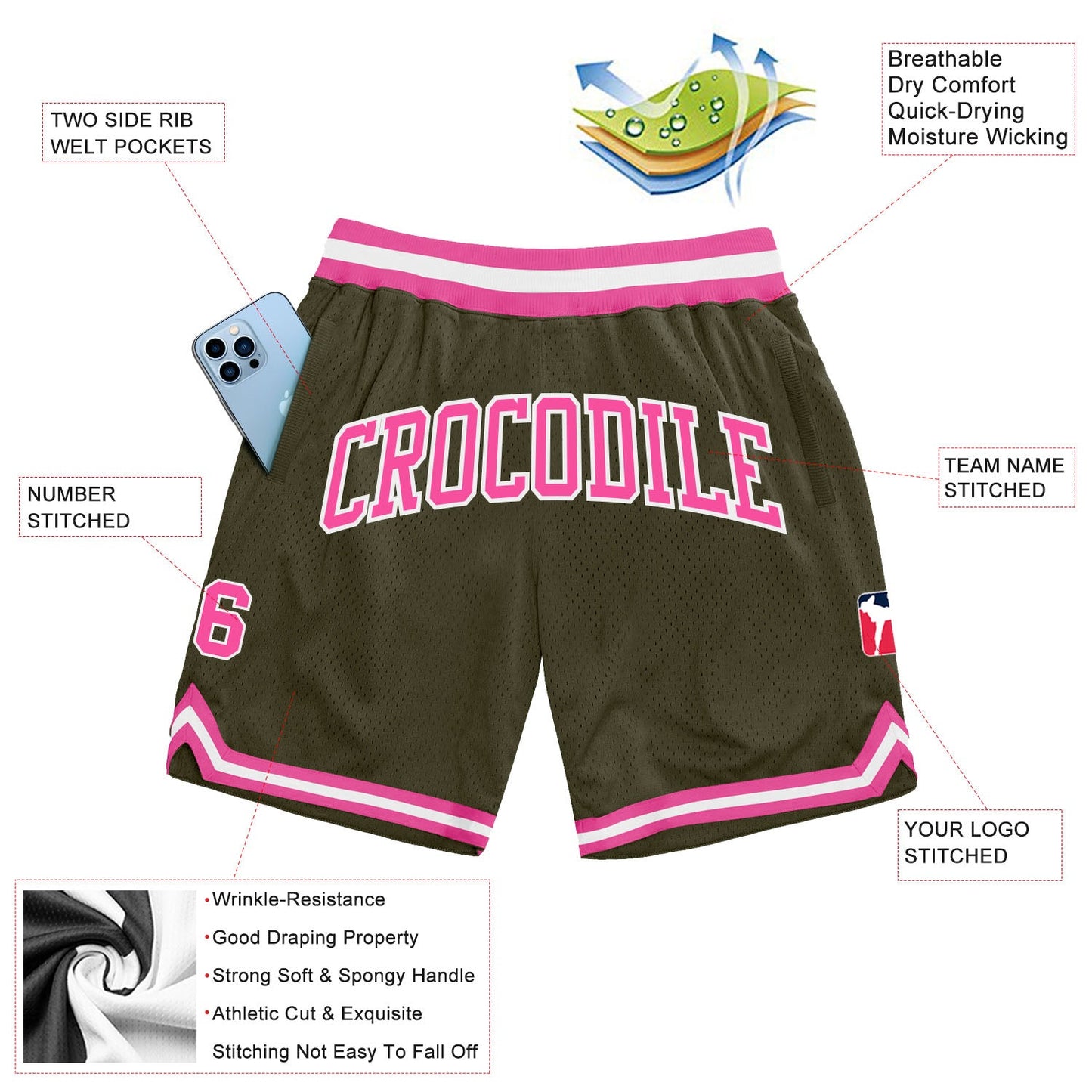 Custom Olive Pink-White Authentic Throwback Salute To Service Basketball Shorts view 2